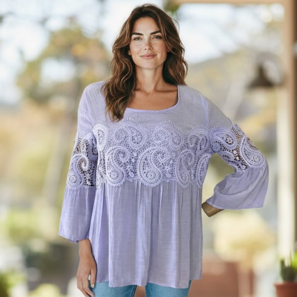 FYVE Peasant Top Bell Sleeves‎ Crochet Lace Sz M Lavender/Lilac #253G